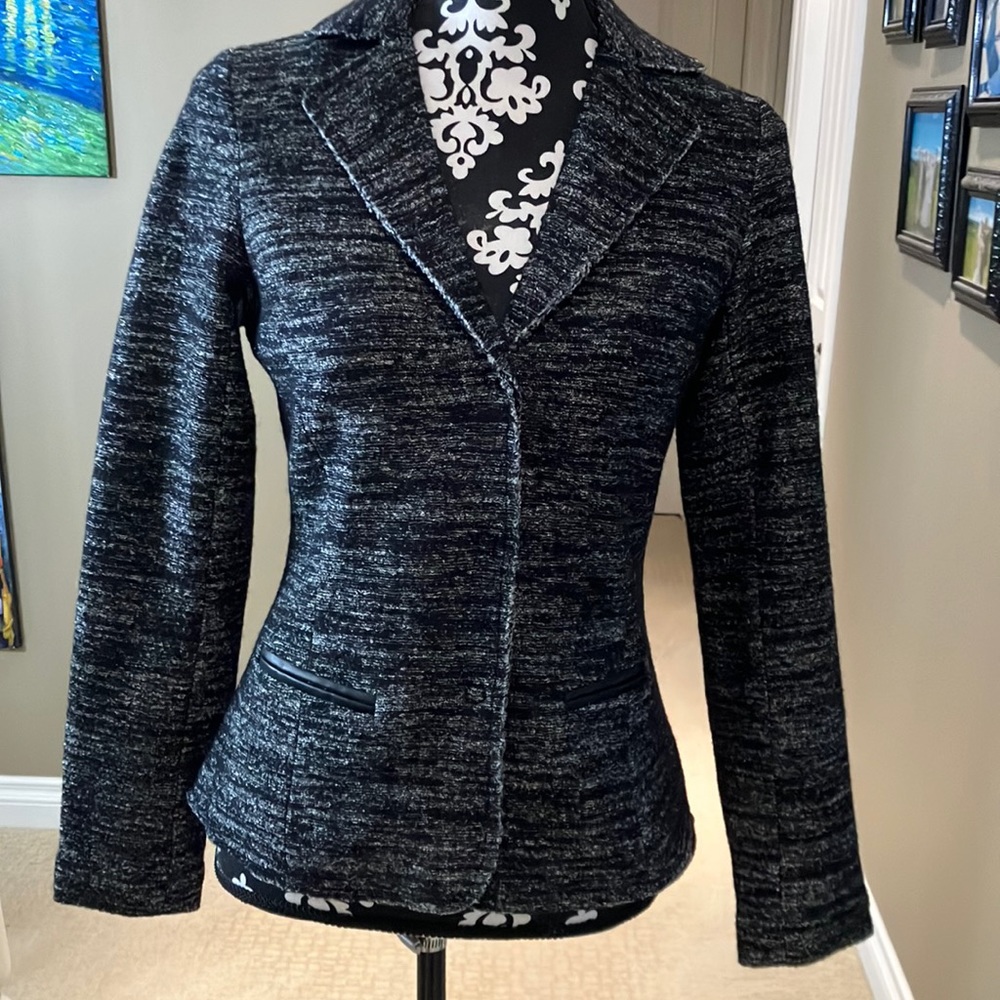 Fabulous black with white lines wool blend jacket with snap front.